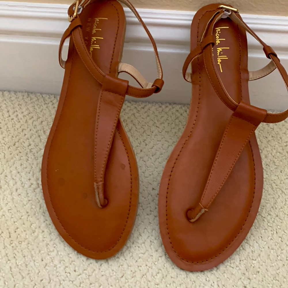 Nicole Miller Leather T-Strap Flat Sandal